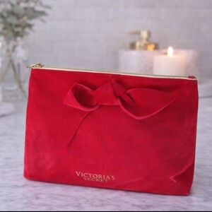 Victoria’s Secret Red Velvet Bow Cosmetic Bag / Makeup/ Clutch Pouch Gold Zipper